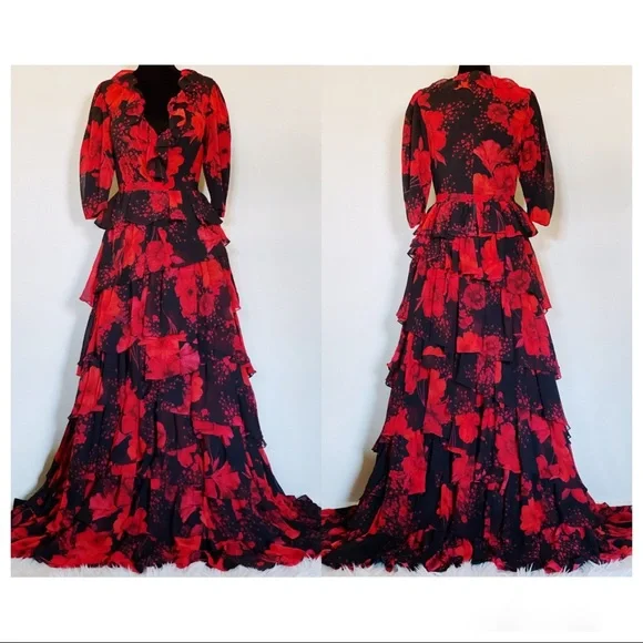 BASIX Floral Print Ruffle-Tiered A-Line Chiffon Gown